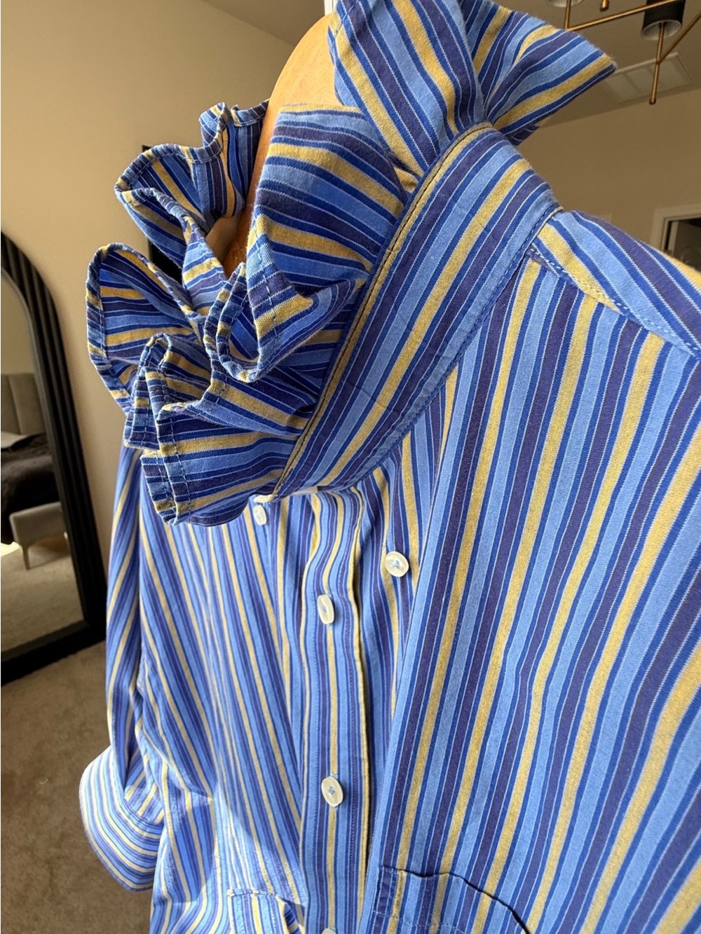 Striped Ruffle-Collar Blouse in Blue and Yellow